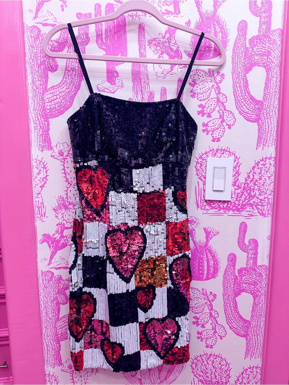 Nasty Gal Black, White & Red Sequin Checkerboard Mini Dress with Hearts - Picture 2 of 4